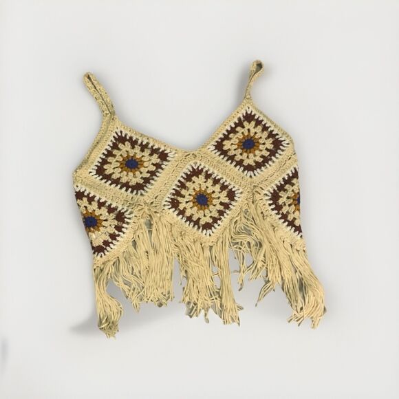 New Boho Crochet Fringe Top Y2K Festival Knit Granny Square Hippie Beach Crop - Picture 4 of 6